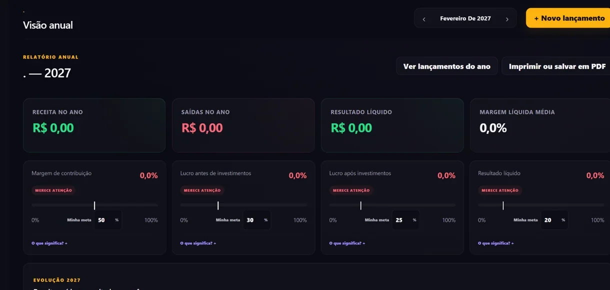 Painel de visão anual do DTI Control Financeiro Profissional com dados de demonstração