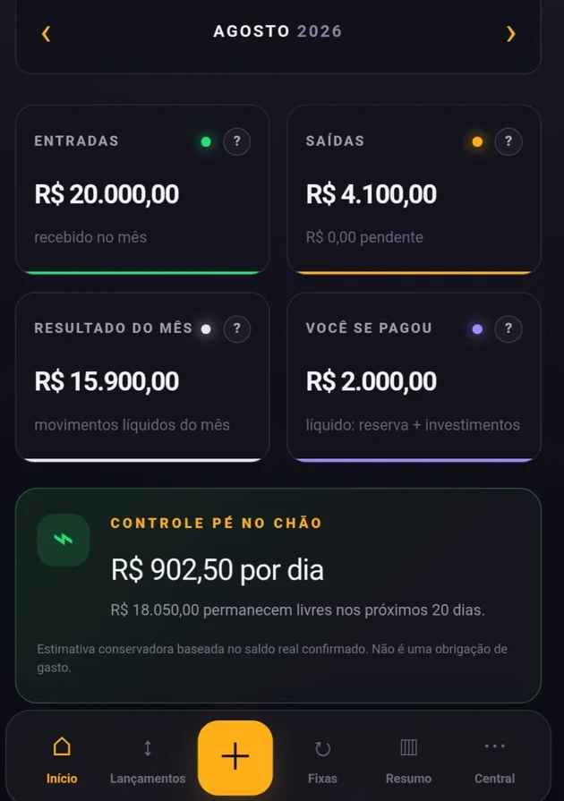 Detalhe dos indicadores de entradas, saídas e saldo no DTI Control Pessoal, com dados demonstrativos