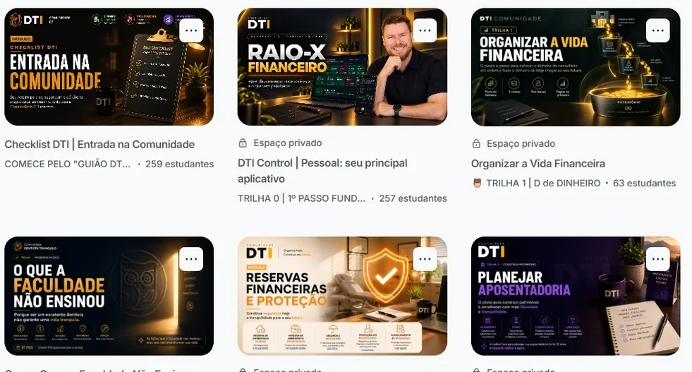 Cursos da DTI Academy: entrada na Comunidade, Raio-X Financeiro, organização financeira, reservas e aposentadoria