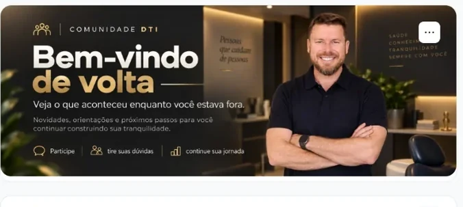 Recorte do painel da Comunidade DTI com banner de boas-vindas e calendário
